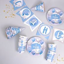 Набор бумажной посуды "1 годик, шарики", голубой